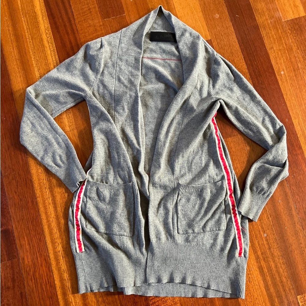 The Nu Vintage Gray Open-Front Cardigan with Red & White Side Stripes